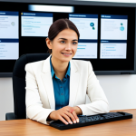 A professional woman, fully clothed in a modest business suit, seated at a modern desk in a well-lit, clean customer service center. She has a gentle, empathetic expression, looking towards a digital screen displaying personalized customer data. The scene emphasizes understanding and care in service. Safe for work, appropriate content, professional, perfect anatomy, correct proportions, natural pose, well-formed hands, proper finger count, realistic photography, high quality.