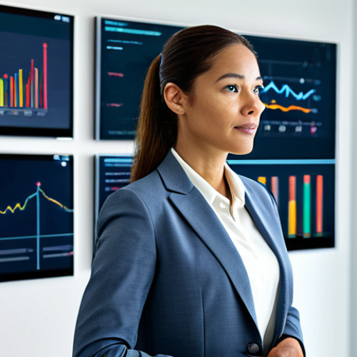 Home 8 A professional female AI consultant, wearing a modest business suit, stands confidently in a bright, modern office meeting room. She gestures towards a large interactive display showing abstract data visualizations and strategic business graphs, engaged in a focused discussion. The atmosphere is collaborative and innovative. The image conveys expertise and strategic thinking. Safe for work, appropriate content, fully clothed, professional, perfect anatomy, correct proportions, natural pose, well-formed hands, proper finger count, natural body proportions, high-resolution, professional photography.